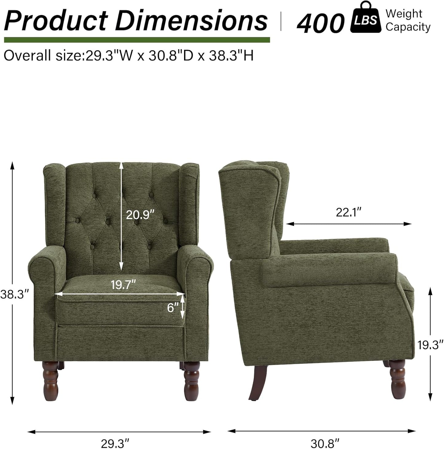 Accent Chair, Upholstered Armchair with Button Tufted High Back & Solid Wood Legs, Comfy Wingback Reading Single Sofa Chair for Small Spaces, Living Room, Bedroom (Green, Set of 2)