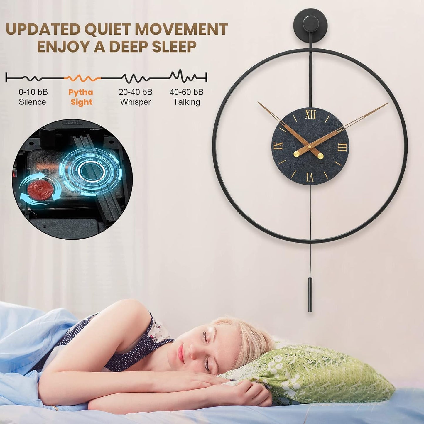 Large Modern Wall Clock,Wall Clocks for Living Room Decor,Classical Metal Minimalist Roman Numeral Dial,Big Decorative Farmhouse Pendulum Wall Clock With Walnut Pointers for Office,Dining Room