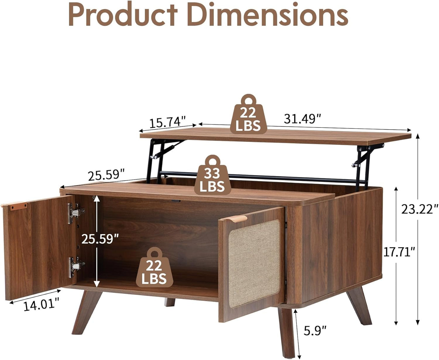 AVZEAR Lift Top Coffee Table with Storage, Mid Century Modern Coffee Table with Nature Linen Doors & Large Hidden Storage, Rounded Corners Center Table Farmhouse Coffee Tables for Living Room, Walnut