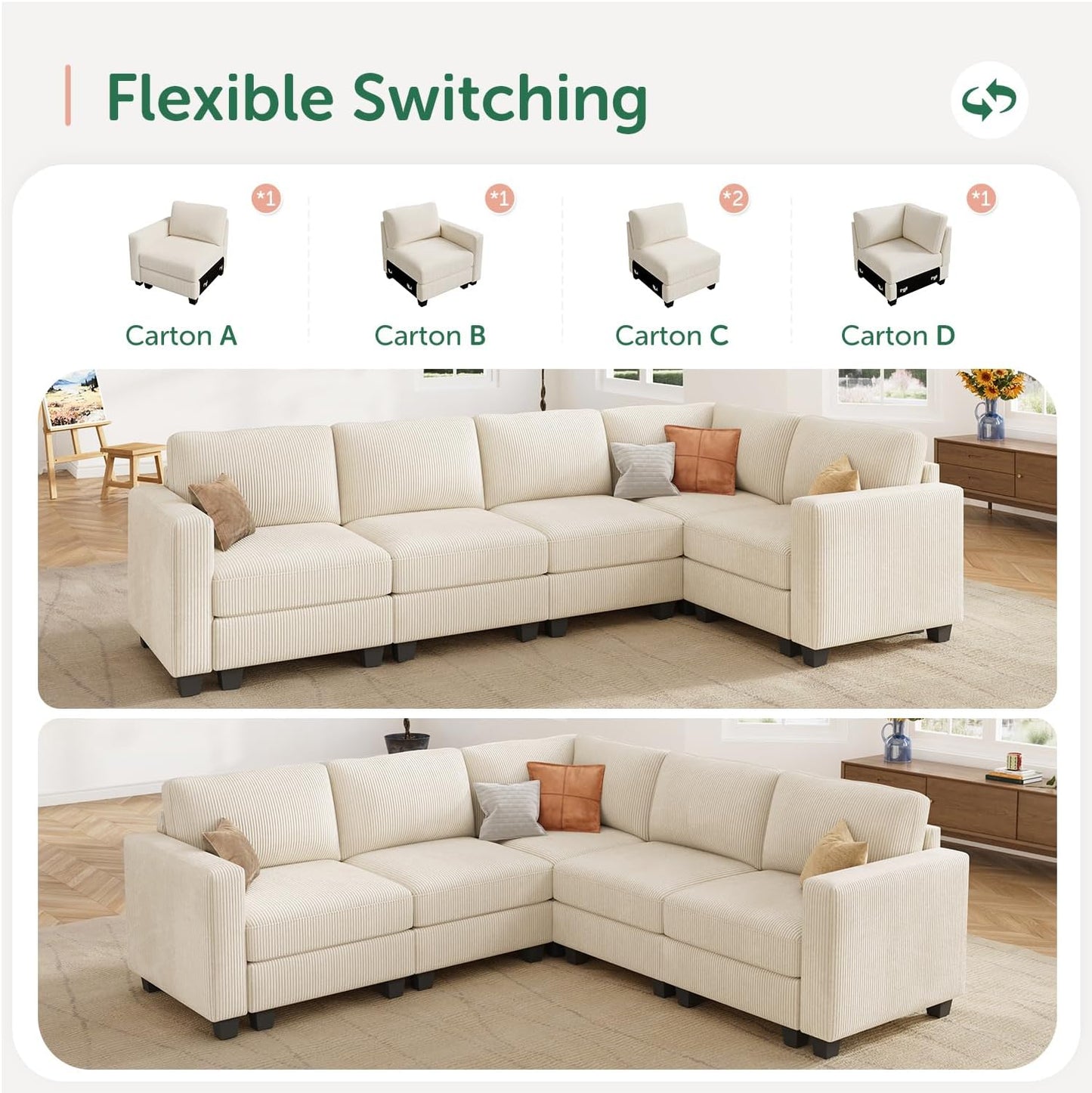 HONBAY Corduroy Modular Sectional Sofa with 5 Seaters, Sectional Corner Sofa with Chaise, L Shape Couches for Living Room, Beige