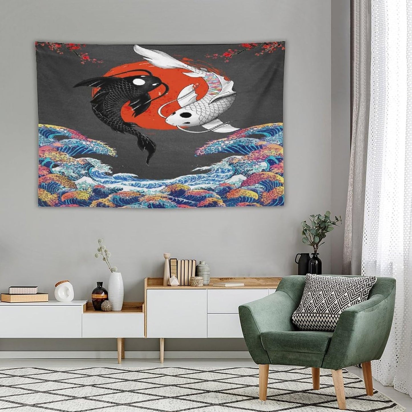Houselerax Japanese Koi Fish Tapestries, Yin Yang Big Wave Cherry Blossom Tapestry Wall Hanging for Bedroom Living Room Office Decor 60"x40"