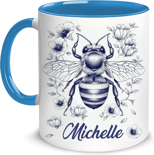 Hyturtle Personalized Floral Bee Mug - Bee Keeper Gifts For Women Lovers Teacher - Honey Gifts For Beekeeper Farmer On Birthday - Queen Honeycomb Decor - Custom Coffee Cup Ceramic Mug 11 Oz 15 Oz