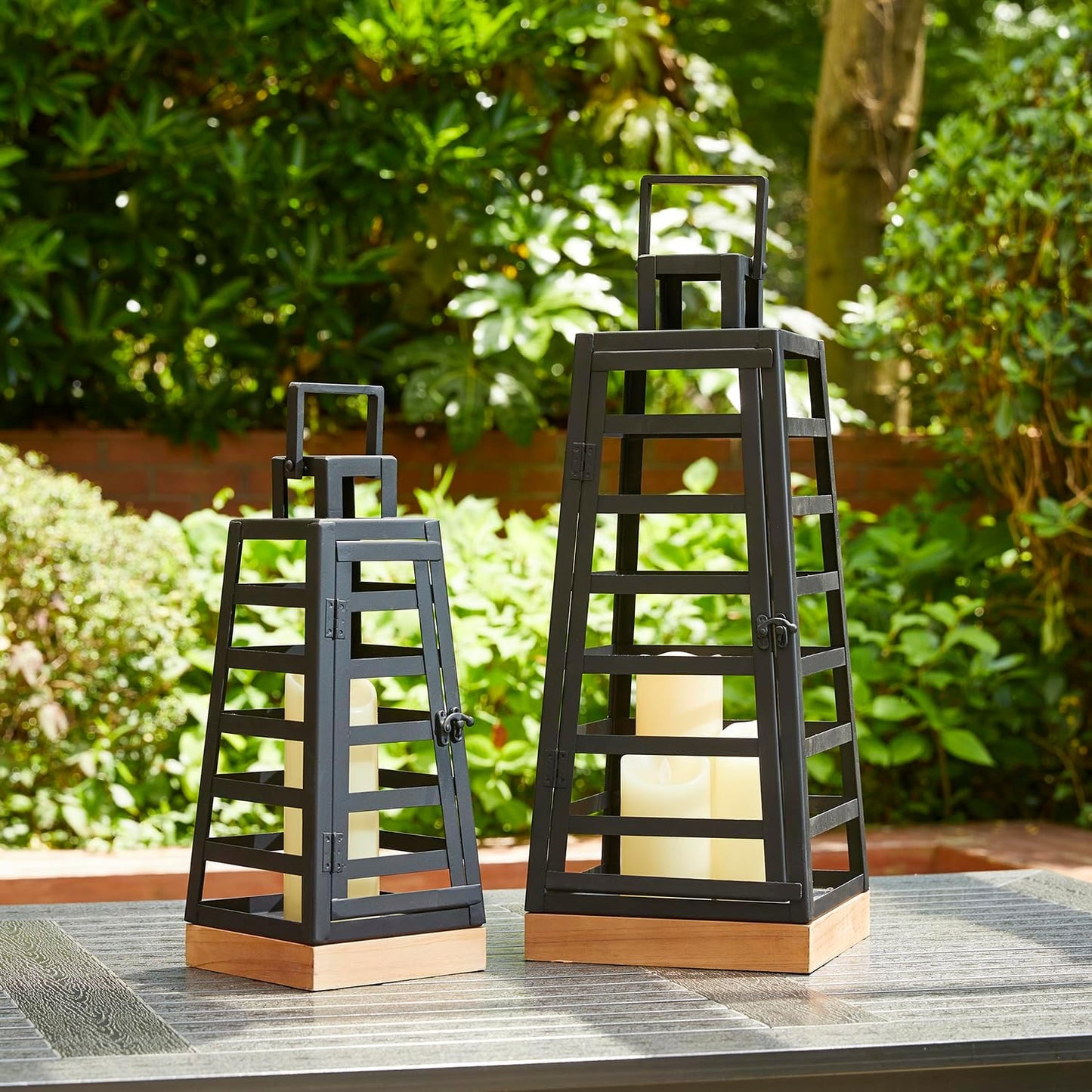 Glitzhome Set of 2 Modern Trapezoid Metal/Wood Decorative Lanterns,Large Candle Lanterns for Living Room,Home,Indoor, Outdoor,Table,Fireplace Mantle Decor -Black(No Glass)
