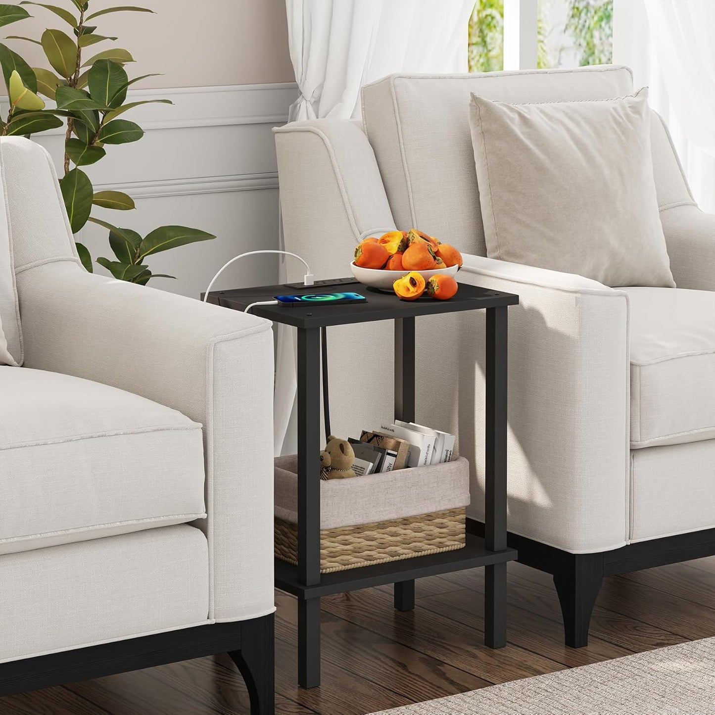 TUTOTAK End Table with Charging Station, Side Table with USB Ports and Outlets, Nightstand, 2-Tier Storage Shelf, Sofa Table for Small Space TB01BK040