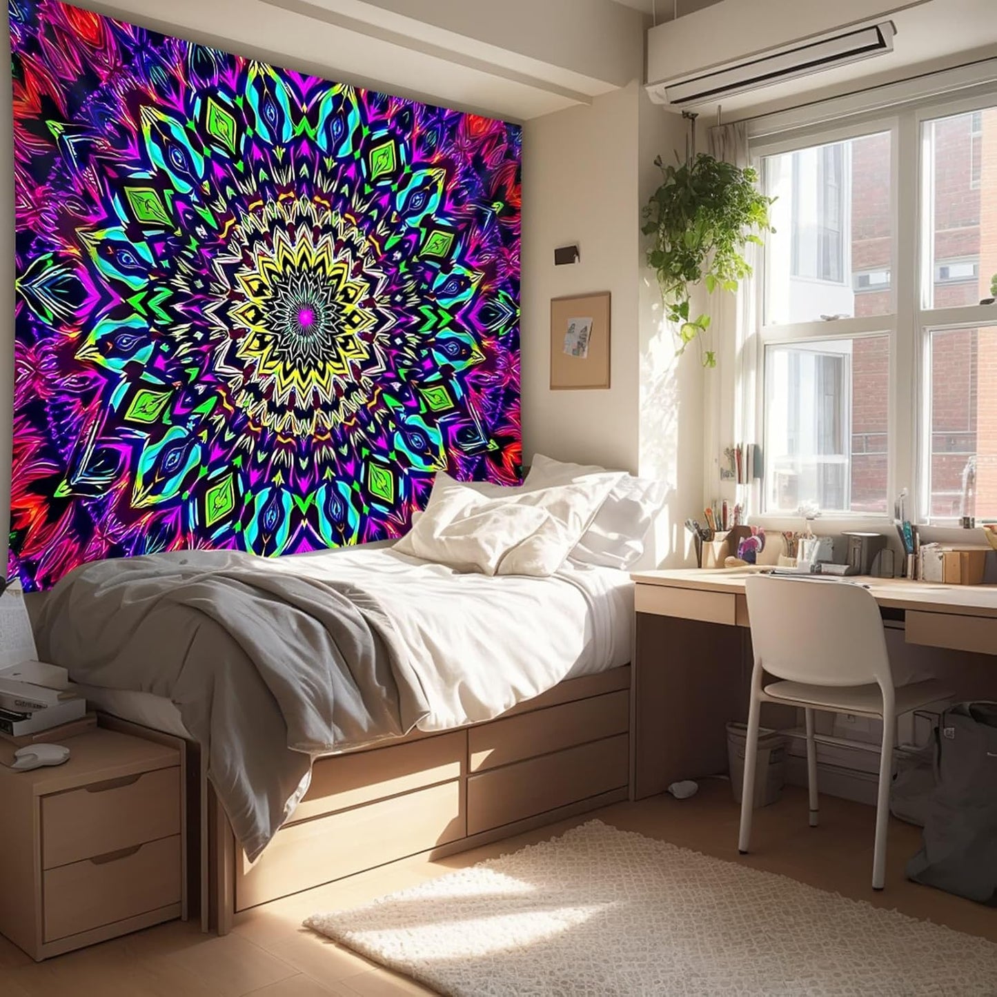 Blacklight Mandala Tapestry for Bedroom, Black Light Posters for Adults and Teens, Colorful UV Reactive Aesthetic Bohemian Wall Art Decor (40 x 30 Inches)