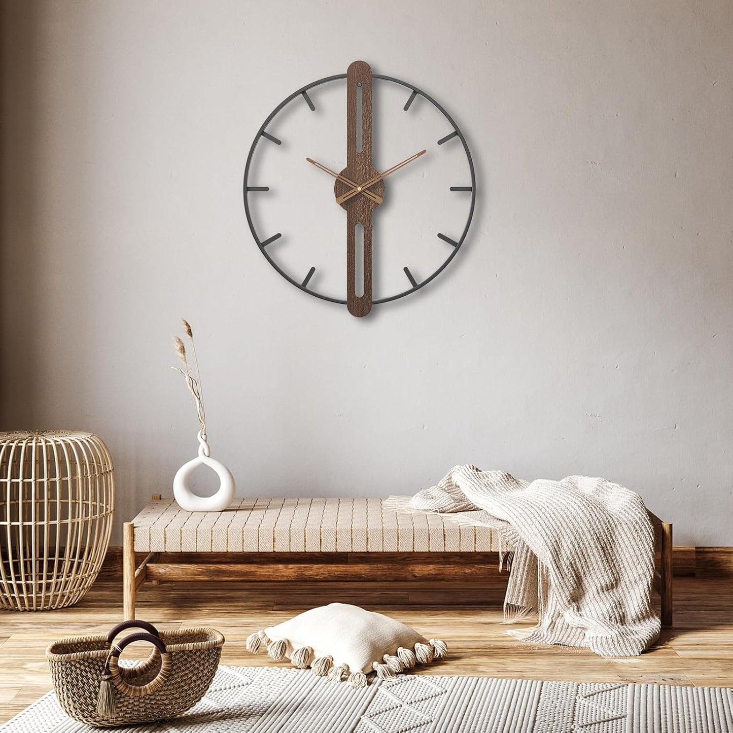 Modern Walnut Dial Wall Clock, Wood Large Wall Clock Decor Metal Frame Silent Non Ticking for Living Room, Bedroom, Kitchen, Study Decoration, Handmade Home Present Idea, 24 in （60 cm）