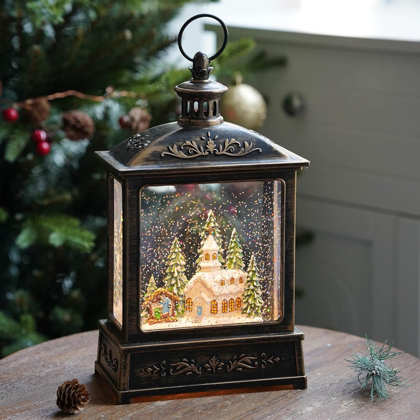 12.5'' Musical Snow Globe Lantern Lighted Church with Nativity Manger Scene Water Lantern in Swirling Glitter, Christmas Home Decoration and Gift, Battery Operated or USB Powered