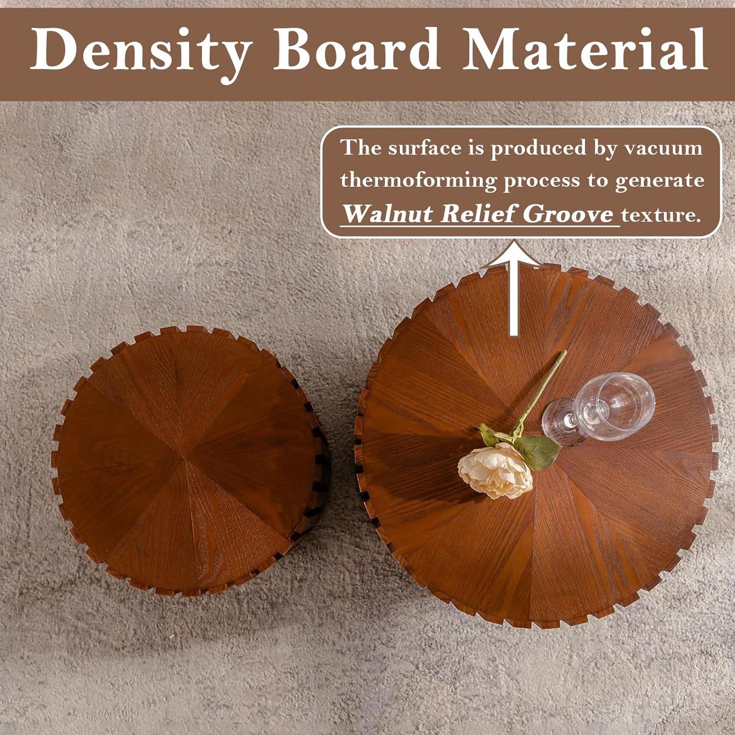 Round Nesting Coffee Table Brown Round Fluted Coffee Table Set of 2 for Living Room Small Circle Drum Nested Coffee Tables (Brown 18in)