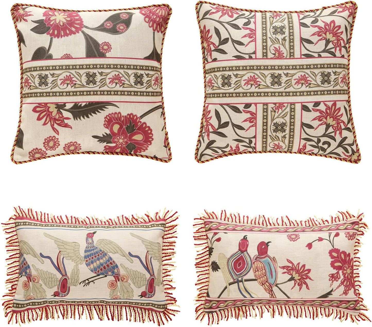 patdrea Designer Throw Pillow Covers Set of 4,Vintage Red Linen Pillowcases with Flower and Birds Pattern Pillows Cover for Couch,Farmhouse Decorative Cushion for Bed Living Room Outdoor Car