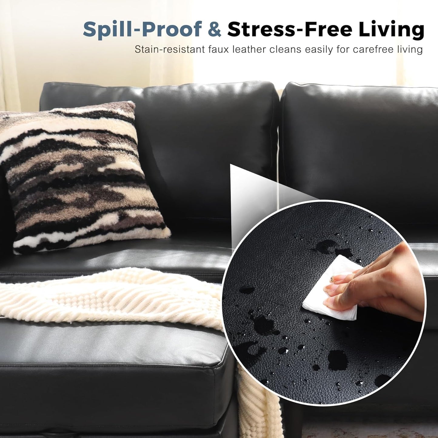 91.5" Faux Leather U Shaped Modular Sectional Sofa, 5 Seater Couch with Movable Ottoman Deep Seat and Storage Seat with Removable Cover for Living Room, Apartment - Black