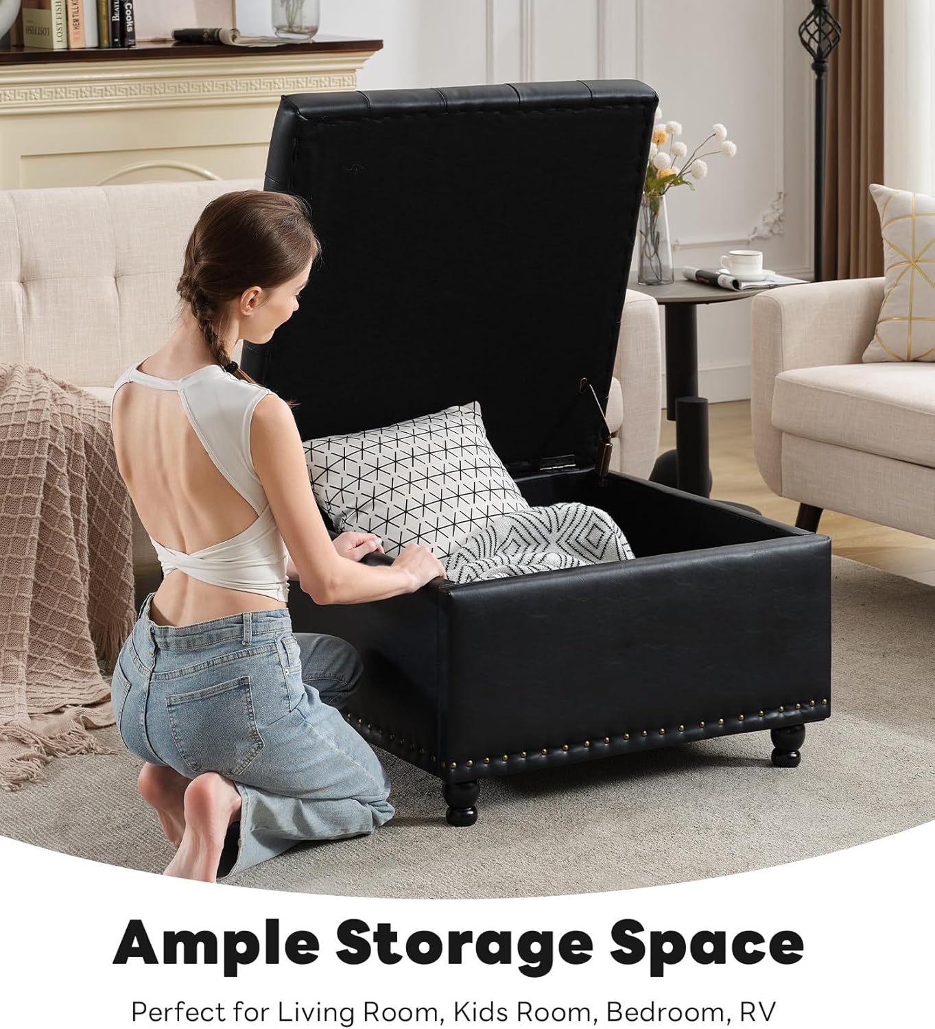 Tbfit Large Square Storage Ottoman Bench, Button Tufted Coffee Table, Oversized Storage Ottomans Toy Box Footrest for Living Room, Black