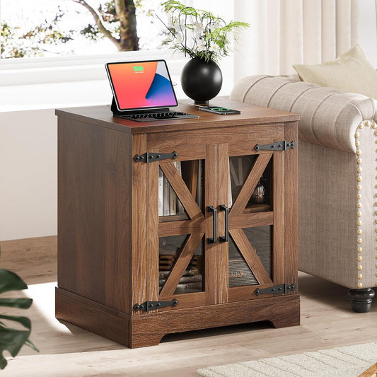 Farmhouse Side Table with Storage Cabinet, End Table with Adjustable Shelf, Night Stand, Wood Nightstand with Charger Station, 24 End Tables Living Room, Rustic Bed Side Tables Bedroom, Walnut
