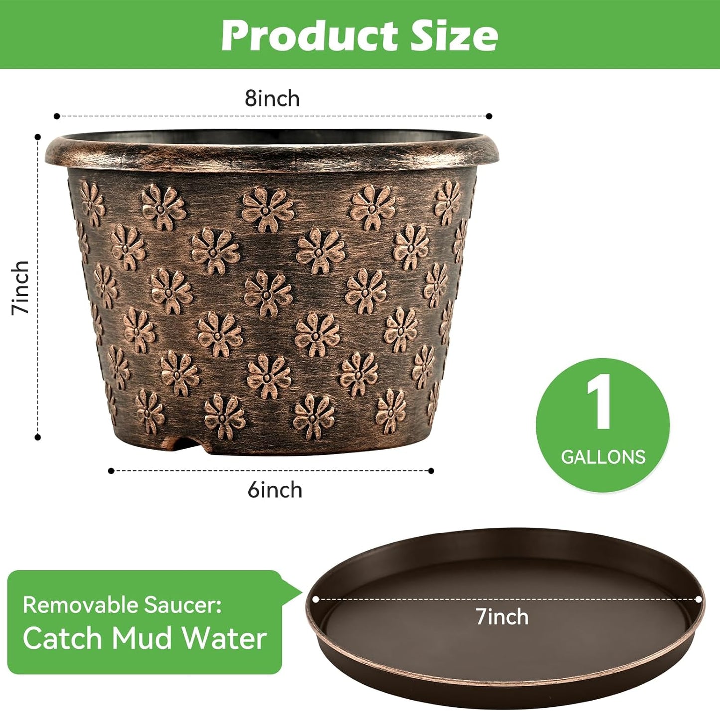 8 Inch Planter Pots for Plants, Plastic Flower Pots Indoor Outdoor, 5 Pack Resin Plant Pot with Drainage & Saucer, Retro Decorative Garden Pot with Removable Trays for House