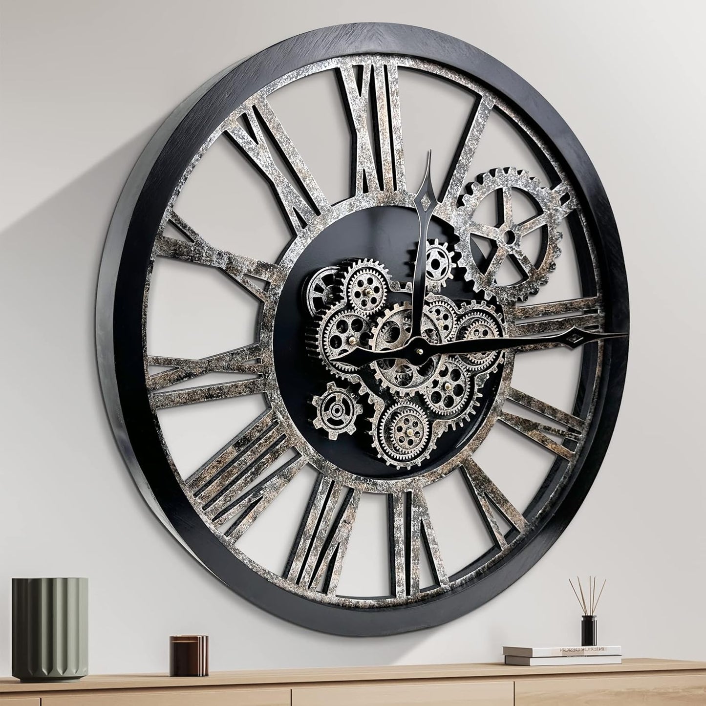 HOIBAI Large Wall Clock, Wall Clocks for Living Room Decor 36 Inch Farmhouse Vintage Rustic Kitchen Wall Decor Vintage Roman Oversized Wall Clock for Home Bedroom House, Moving Gears Clock