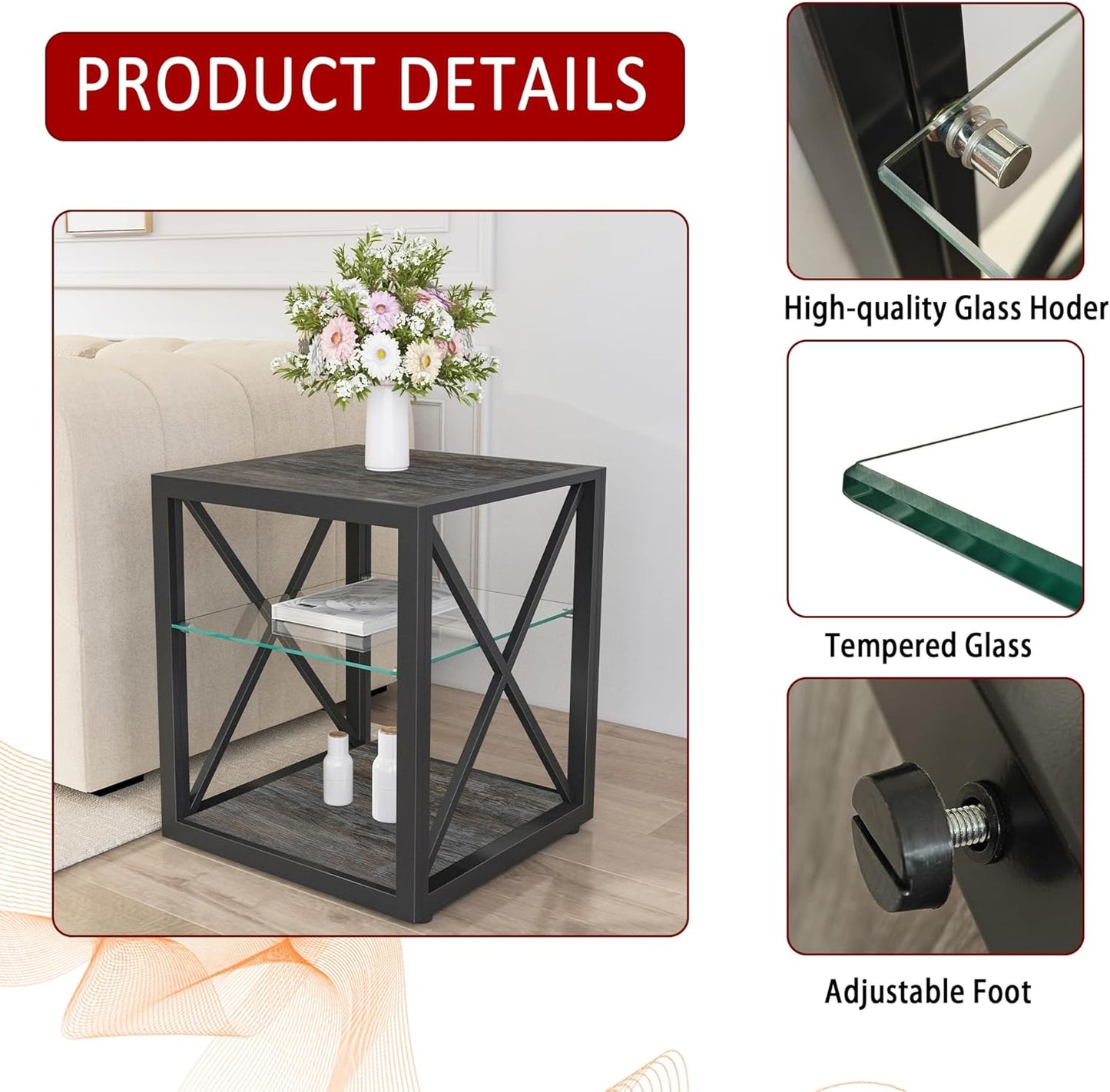 Farmhouse End Table Set of 2, Modern Side Table with 3-Tier Storage Shelf, Square Rustic Nightstand, Accent Tea Table, for Bedroom Office Living Room, Grey, Natural Wood, Glass, Metal