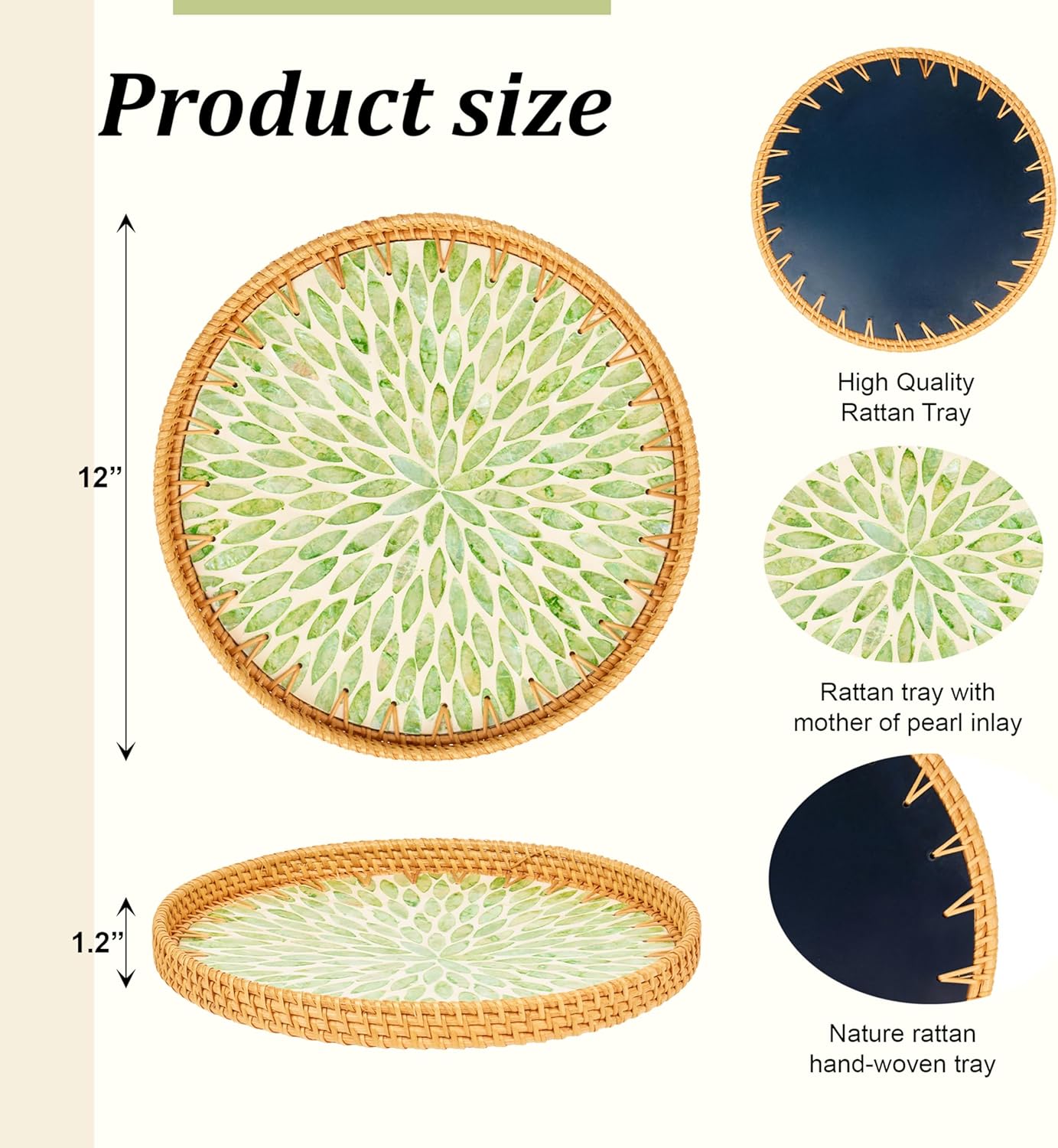 Round 12" Rattan Serving Tray with Mother of Pearl Inlay, Decorative Wicker Tray with Wooden Base for Coffee Table, Bread, Fruit, Food Display and Storage (Leaf)