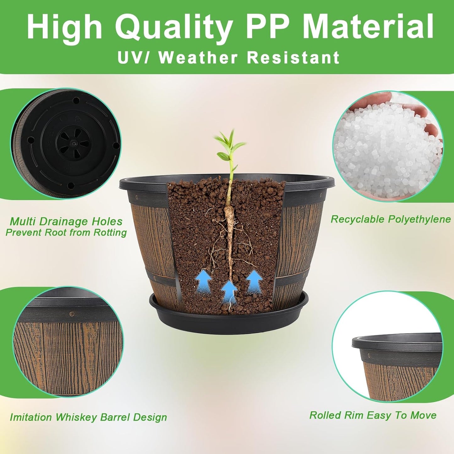 16-inch-Plant-Pots-Indoor-Outdoor, 4 Pack Large Whiskey Barrel Planters with Drainage Holes & Saucer, Plastic Flower Pots Imitation Wine Barrel Design, Decorative Garden Pots for Plants