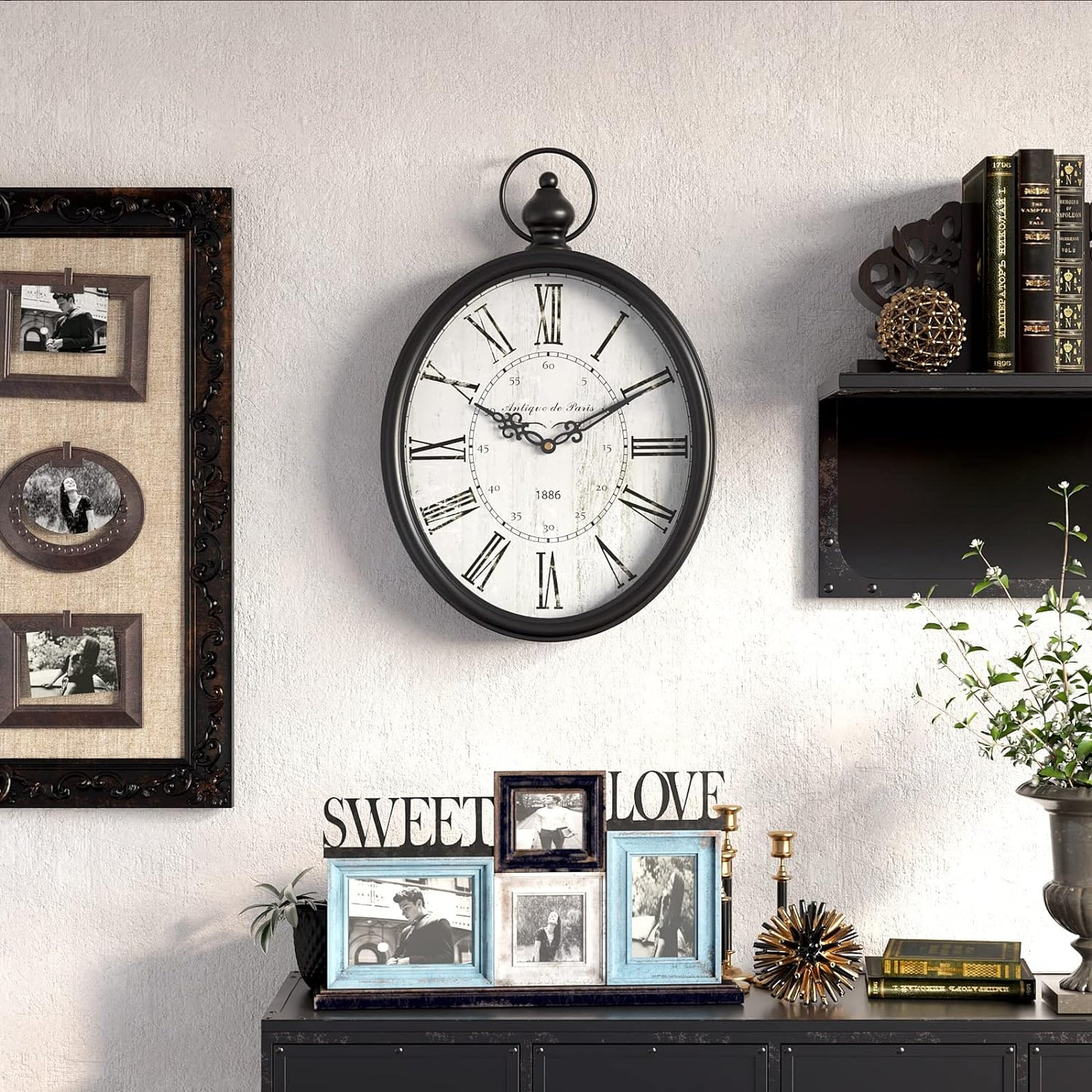 Menterry Oval Retro Wall Clock, Rustic Vintage Style, Black Antique Design, Battery Operated Silent Decor Large Wall Clocks for Kitchen,Farmhouse,Office (15.5" H x 10.5" W)