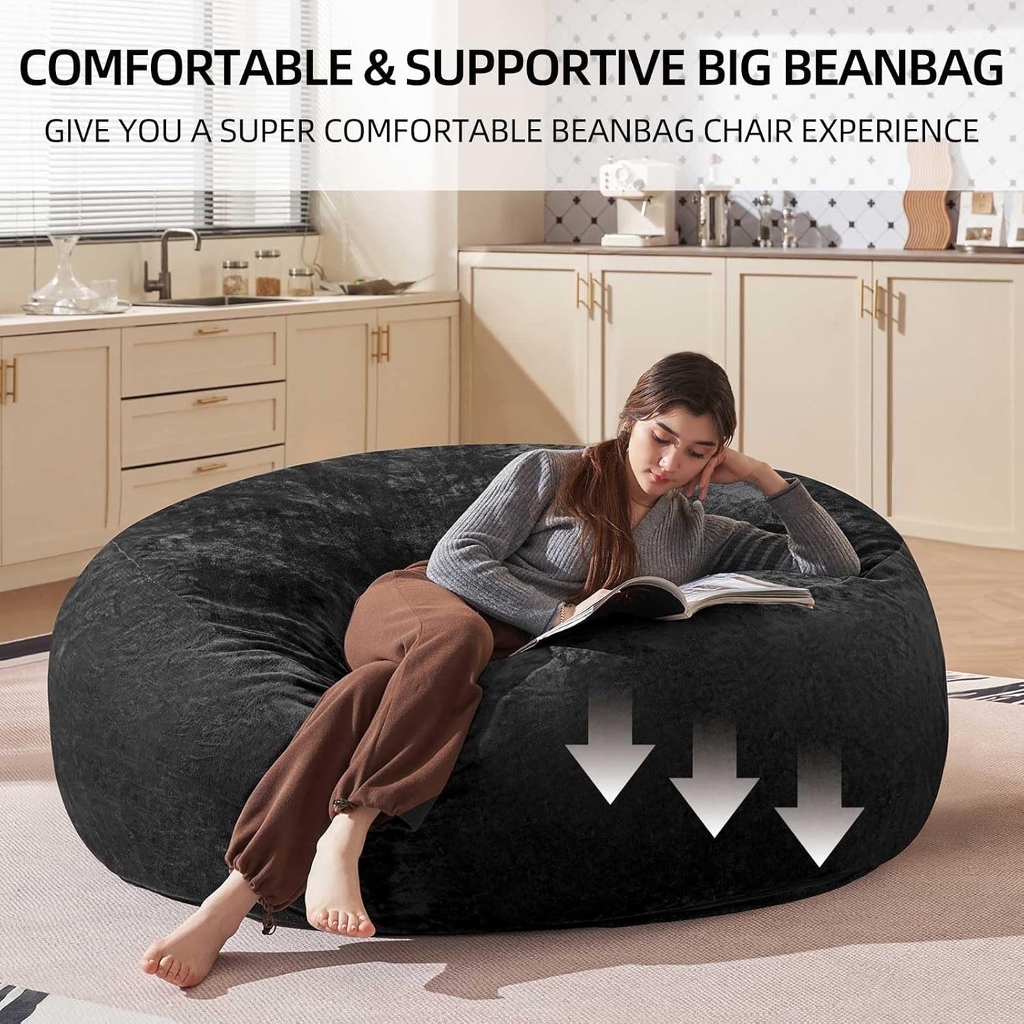Bean Bag Chair 6Ft, Memory Foam Filled, Large Beanbag Chairs for Adults and Teens, Soft Sofa with Removable Flannel Cover, Round Couch for Living Room Bedroom College Dorm (Black, 6FT-67×67"×24")