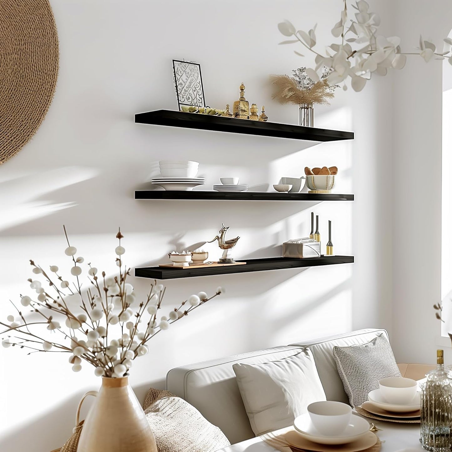 48 Inch Floating Shelves for Wall Rustic Black Wood Wall Shelves for Bedroom Set of 4