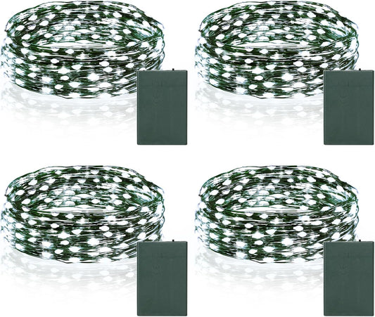 4 Pack Christmas Fairy Lights Battery Operated, 16.4FT 50 LED Dark Green Wire Twinkle Lights with Auto Timer Waterproof, Outdoor String Lights for Indoor Outdoor Bedroom Yard Decor (Cool White)