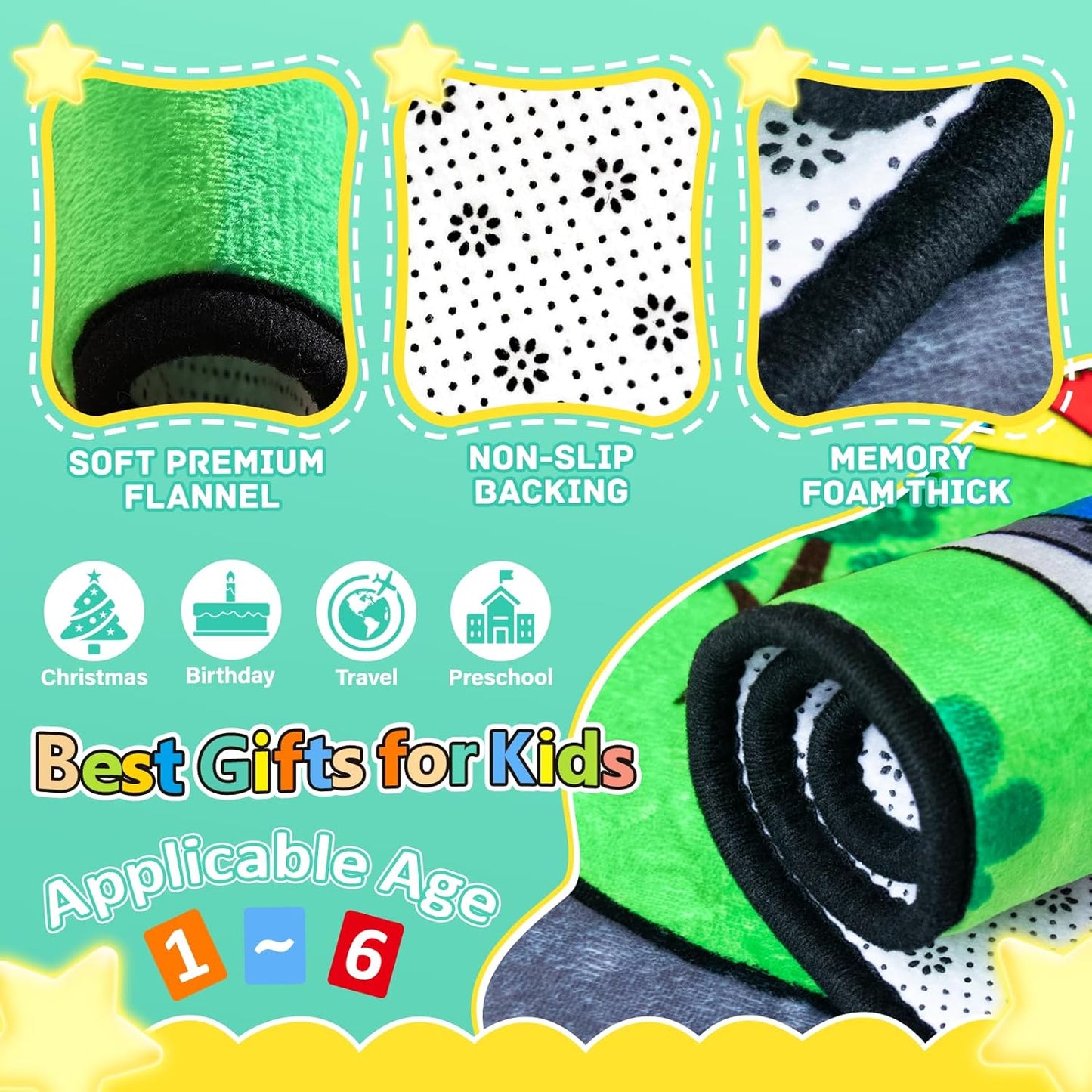 Kids Rug, Car Carpet for Kids' Toy Cars, 3x5 Ft Dinosaur Rug, Dino Safari Road Mat for Playroom, Educational Learning & Game Area Baby Play Mat Carpet for Children