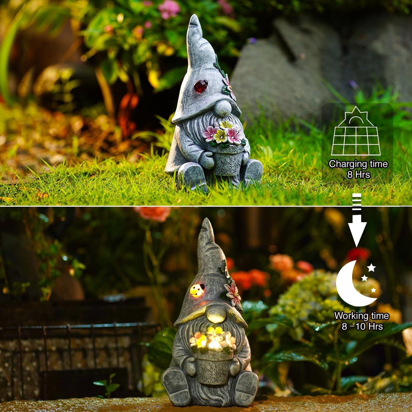 Goodeco Sitting Gnome Holding Flower Statue - Solar Garden Gnomes Decor for Outside with LED Lights, for Women or Moms, Housewarming Gnome Decorations