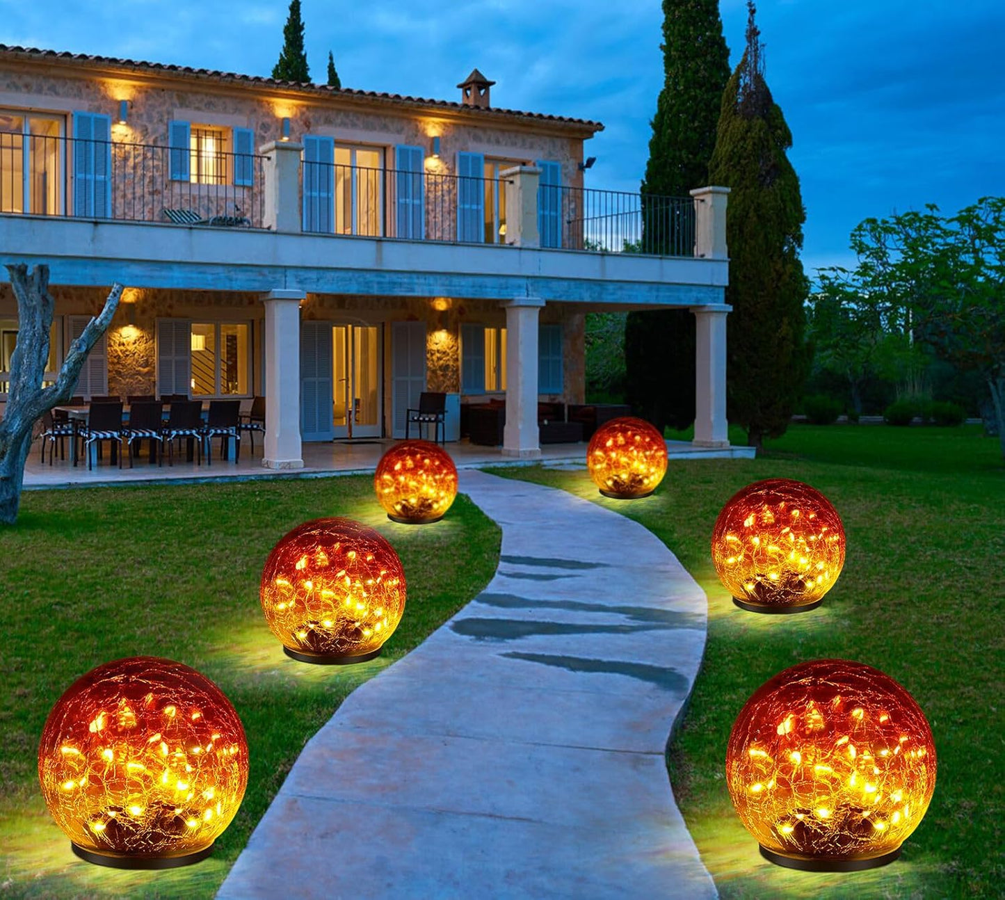 2 Pack 60 LED Garden Solar Outdoor Lights Decorative, Gradient red Cracked Glass Solar Globe Lights, Upgraded Waterproof Ball Lights for Yard Pathway Patio Lawn Christmas Outside Decor