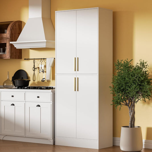71" Tall Pantry Cabinet with 4 Doors, Kitchen Pantry Storage Cabinet, Freestanding Larder Cupboard, Kitchen Hutch with Gold Handles for Dining Room, Bathroom, White