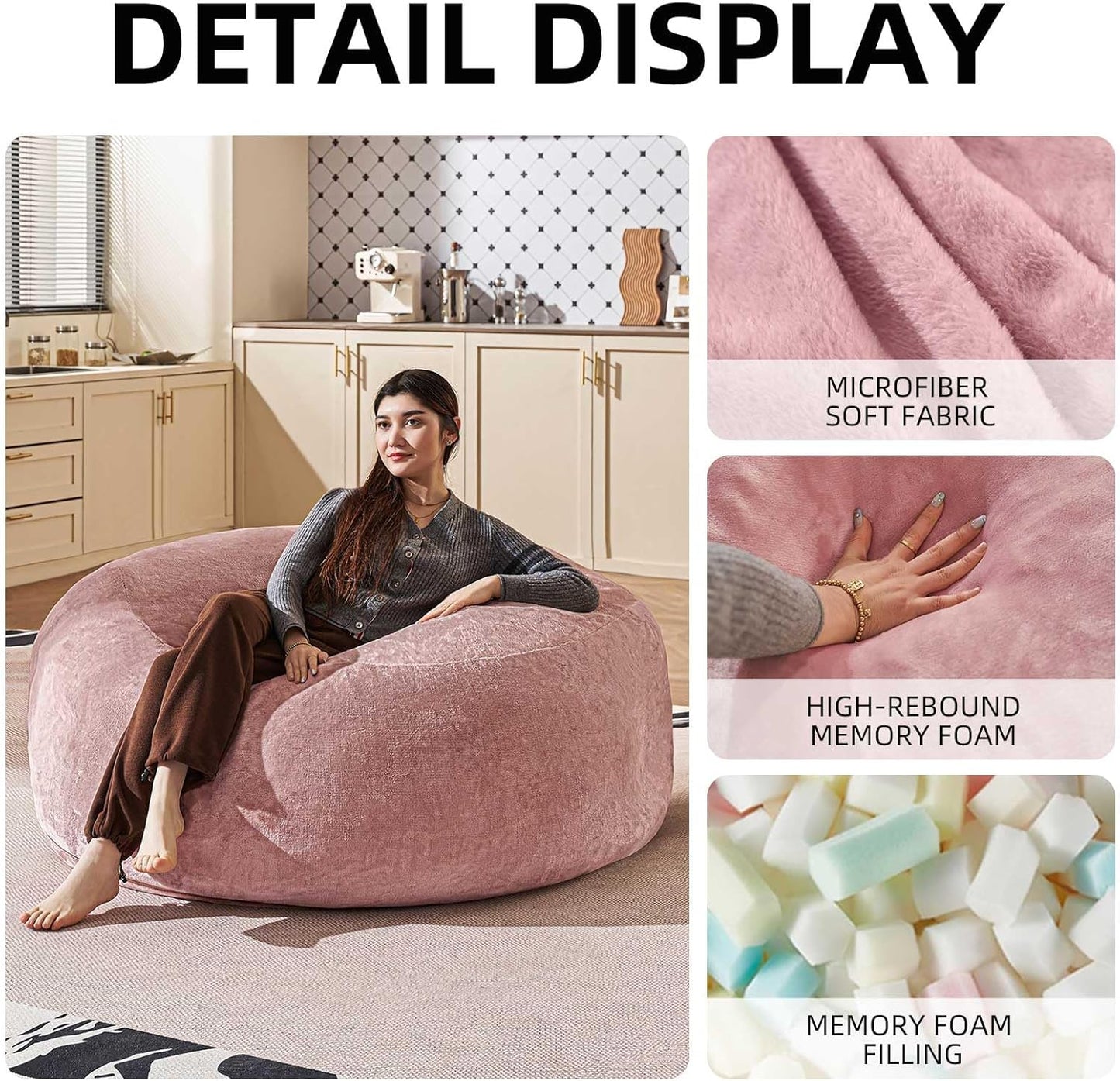 Bean Bag Chair 4Ft, Memory Foam Filled, Large Beanbag Chairs for Adults and Teens, Soft Sofa with Removable Flannel Cover, Round Couch for Living Room Bedroom College Dorm (Pink, 4FT-47×47"×24")