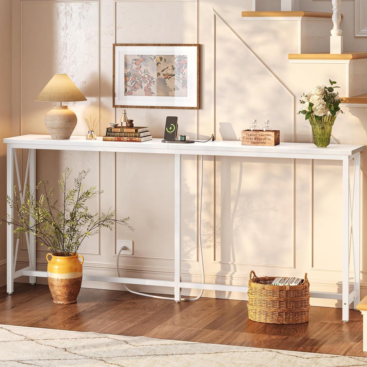 SUPERJARE 70 Inch Console Table with Outlets and USB-C Port, Extra Long Behind Couch Sofa Table with X-Shaped Design, Narrow for Entryway, Living Room, Metal Frame, Wooden Top, White