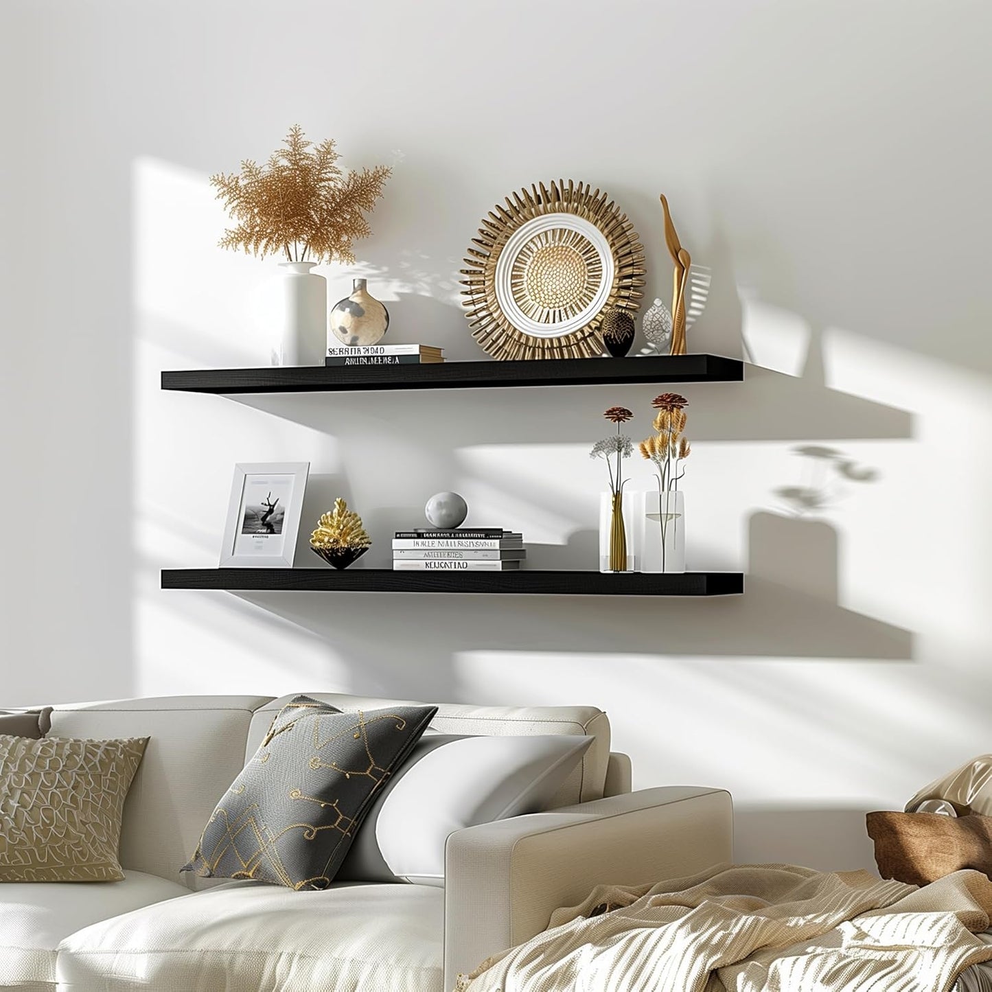 48 Inch Floating Shelves for Wall Rustic Black Wood Wall Shelves for Bedroom Set of 4