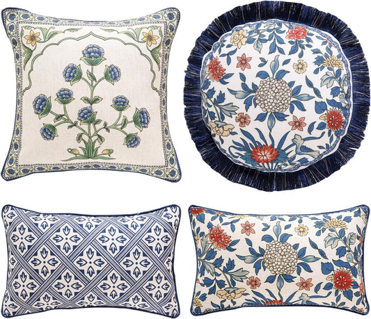patdrea Designer Floral Linen Throw Pillow Covers,Blue French Cottage Flower Pattern Decorative Pillowcases Cushion for Bed Living Room Outdoor Car,Pack of 4