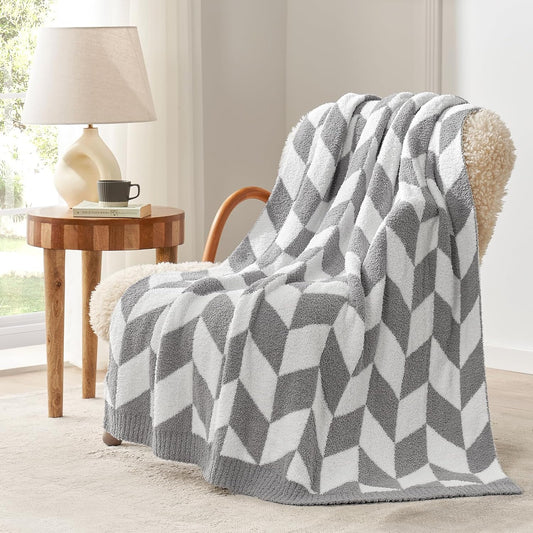 Snuggle Sac Chevron Throw Blanket for Couch, Reversible Super Soft Warm Blankets Cozy Knit Fuzzy Plush Lightweight Throws for Sofa, Bed, Camping,Grey,50x60 inches