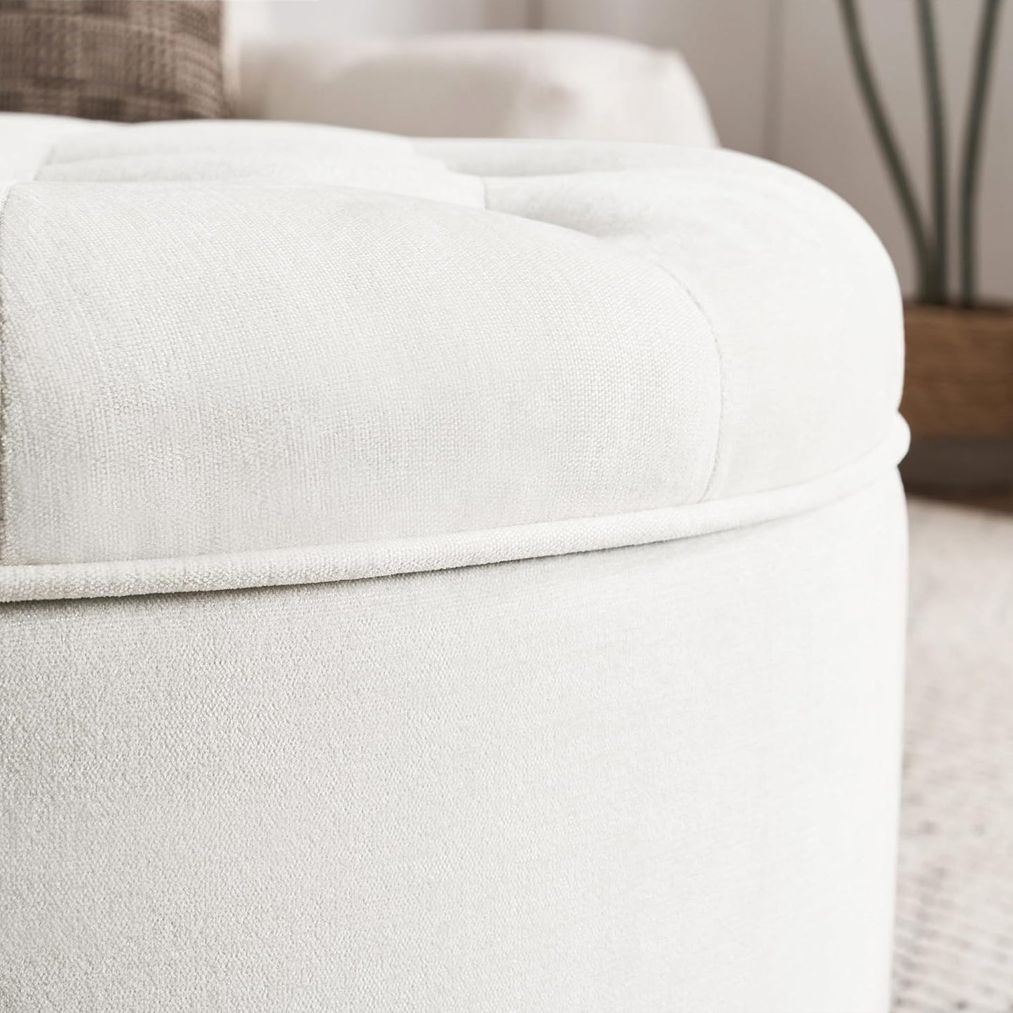 30-Inch Large Round Ottoman, Tufted Coffee Table with Removable Lid Top, Upholstered Footrest Modern Button Circle Storage Ottoman for Living Room, Office, Ivory