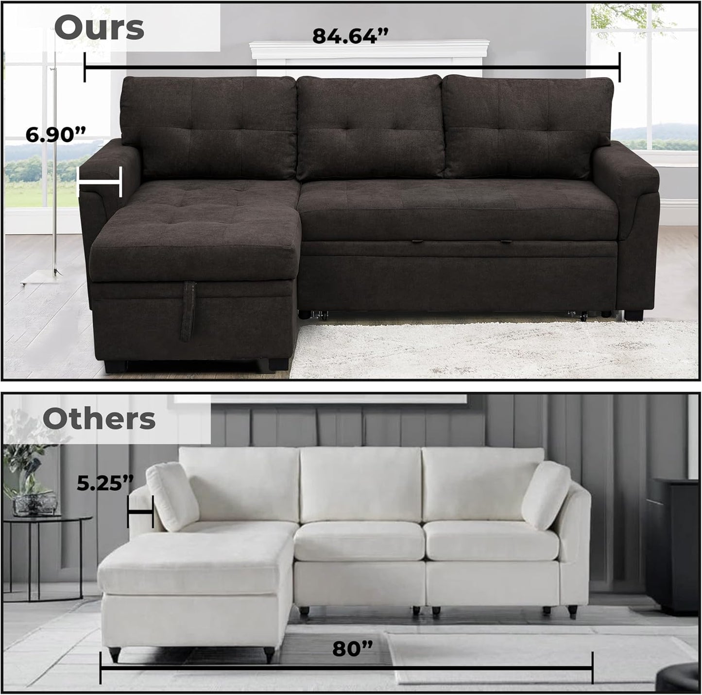 Naomi Home L-Shaped Reversible Sectional Sofa with Pull-Out Sleeper Bed and Storage Chaise, Espresso Velvet