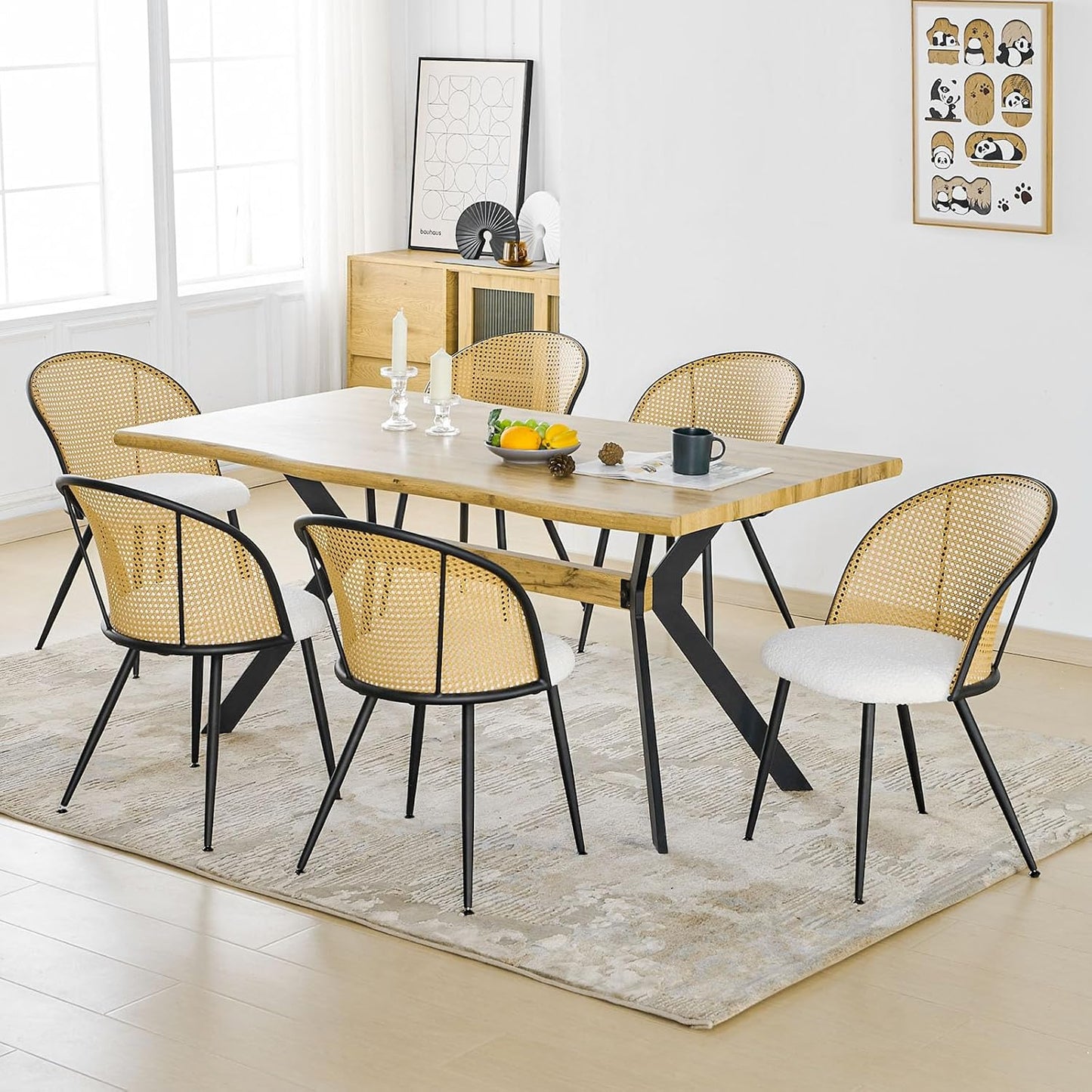 Rattan Dining Chairs Set of 4, Mid-Century Modern Kitchen Dining Room Chairs with Full Cane Backrest Armless Upholstered Farmhouse Boucle Dining Chairs with Metal Leqs for Dining Room, White