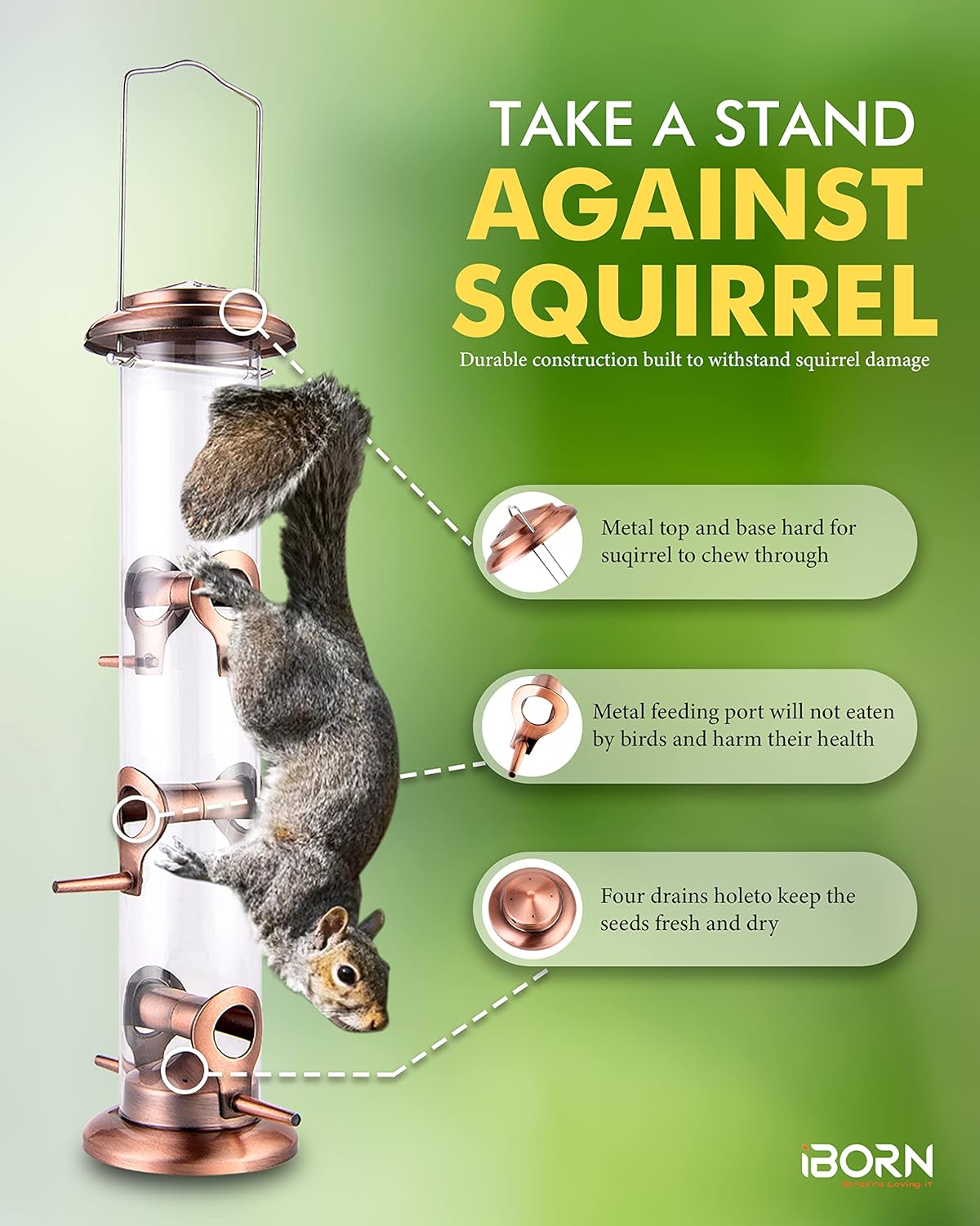 iBorn Metal Bird Feeders Brushed Copper Wild Bird Feeder for Outdoors Hanging All Metal Brushed Copper Finishing 14 Inch 6 Port,Pack of 2