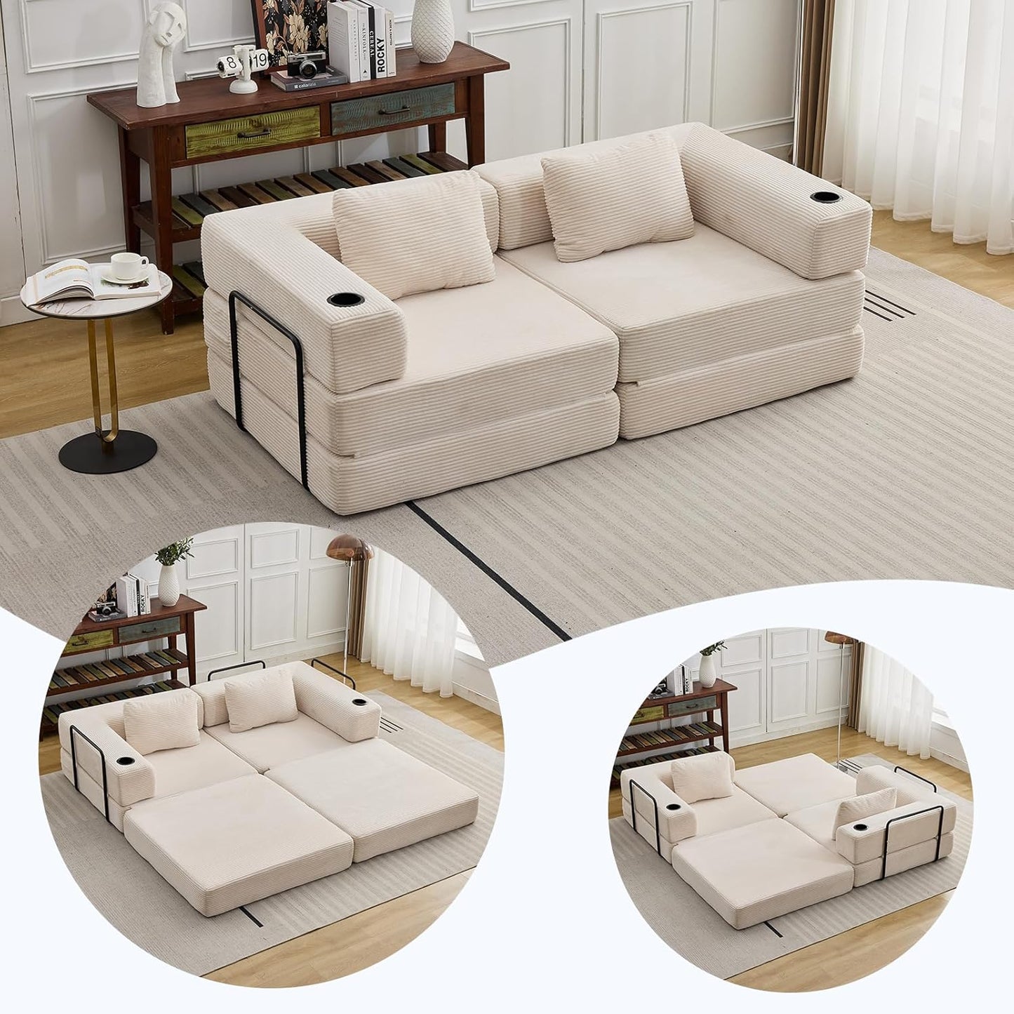 78" W Loveseat Sofa, 4 in 1 Convertible Floor Sofa Bed, Boneless Cloud Couch with Cup Holder, Fold Out Floor Couch, Loveseat Recliner Sleeper for Living Room Bedroom Lounge(Corduroy, White)