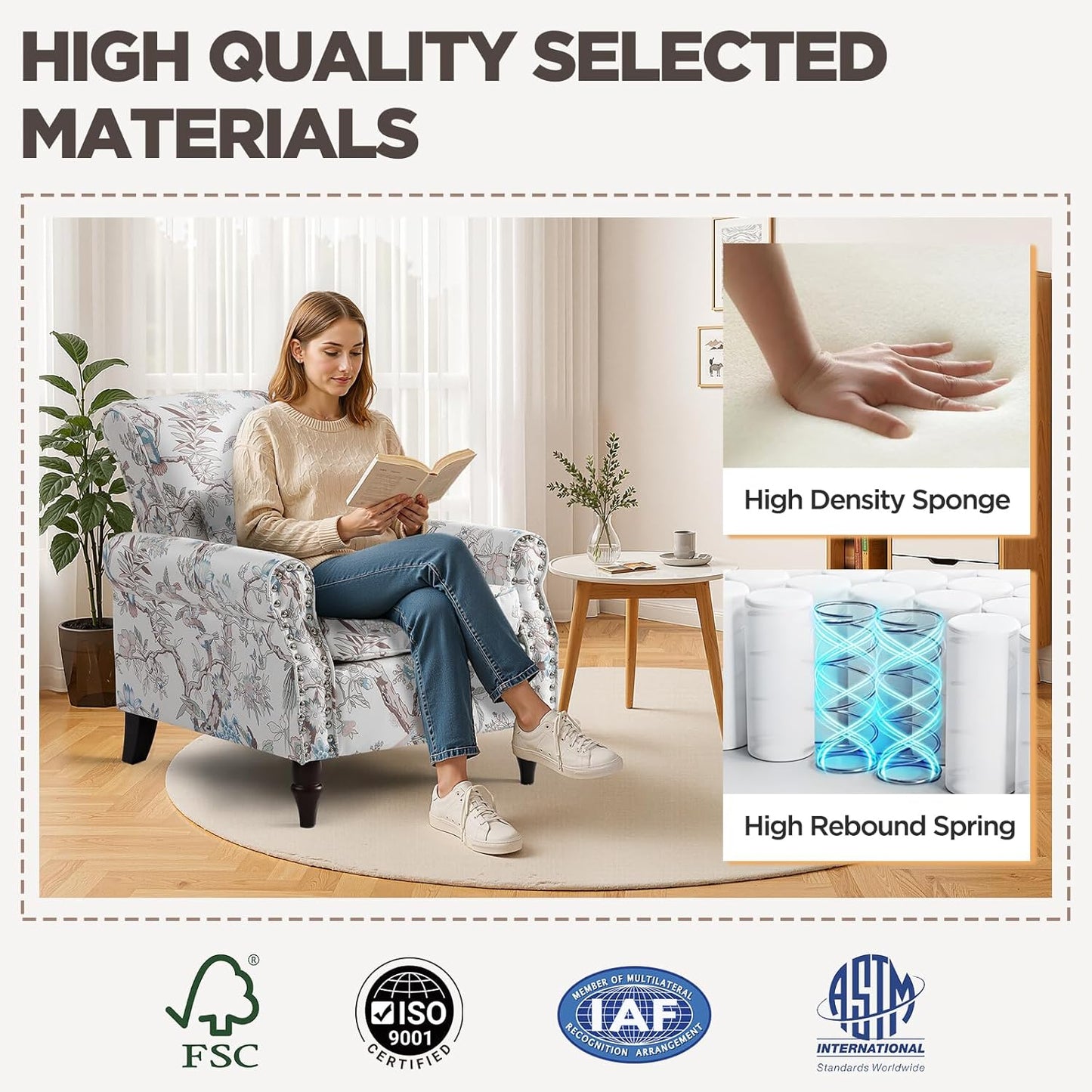 Wingback Accent Chair with Removable Pillow, High Back Floral Armchair with Solid Wood Legs & Nailhead Trim, Comfy Upholstered Reading Single Sofa Chair for Bedroom (1, Bird Floral Pattern)