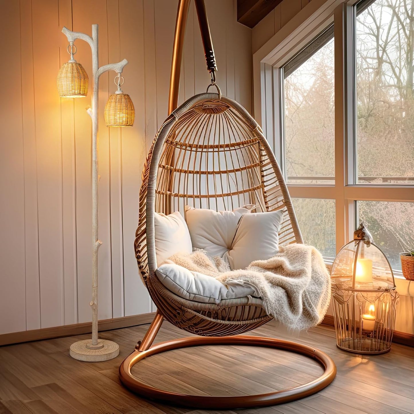 68" High Farmhouse Rustic Country Cottage Floor Lamp Tree Trunk Faux Wood Column White Washed Wicker Drum Shade Decor for Living Room Bedroom Reading Room