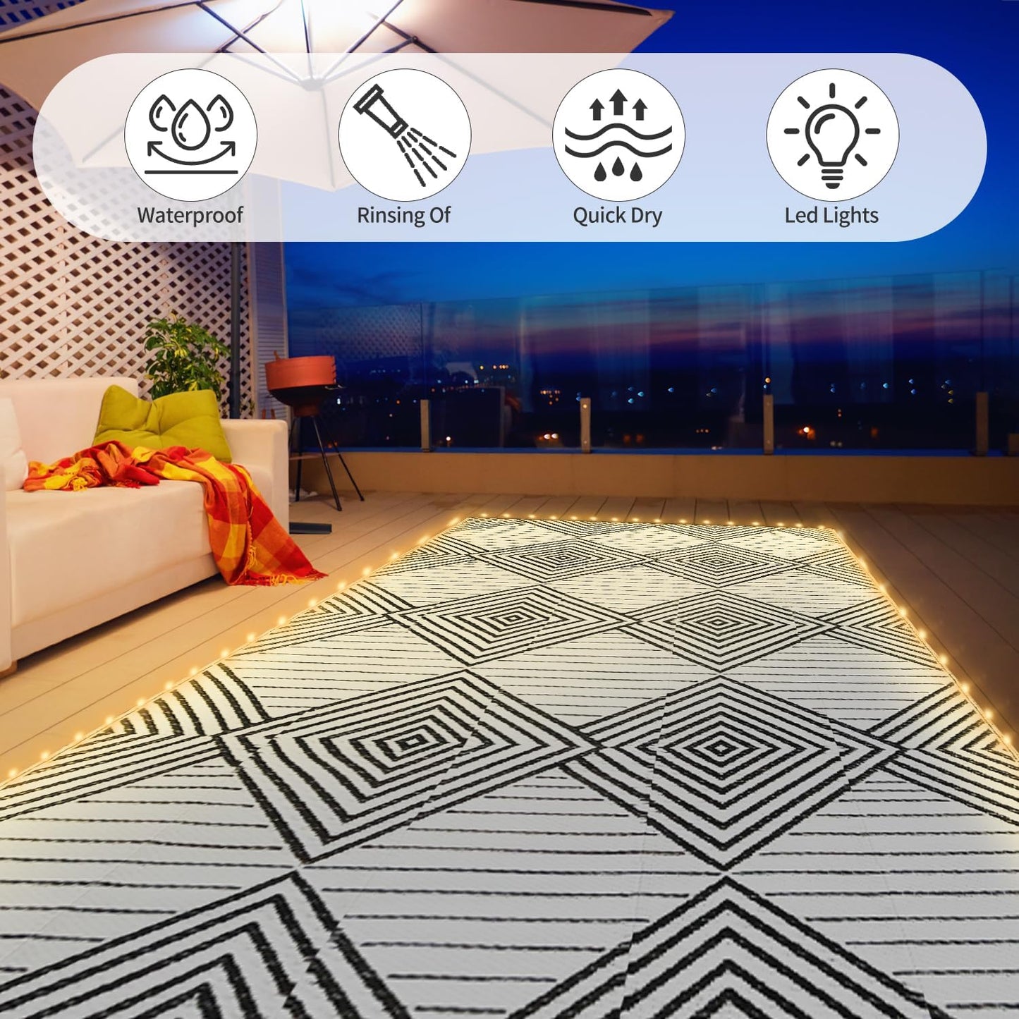 8x10ft Waterproof Outdoor Rug with LED Lights, Foldable Reversible Plastic Straw Mat for Patio RV Camping Picnic Balcony Beach Deck Indoor Outdoor Carpet, Black&White