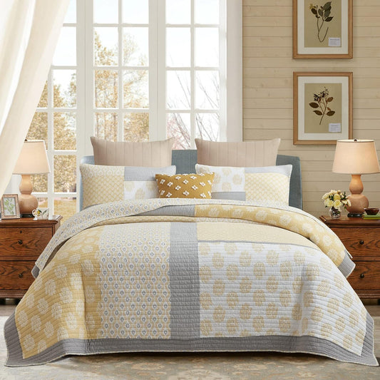 PANGUSHAN Twin Quilt Set,100% Cotton Patchwork Quilt Set Bedspread,Yellow Floral Quilt Bedding Set for Twin Bed,Gray(Grey)/Yellow/White Reversible Lightweight Comforter Bed Spread,2 Pieces