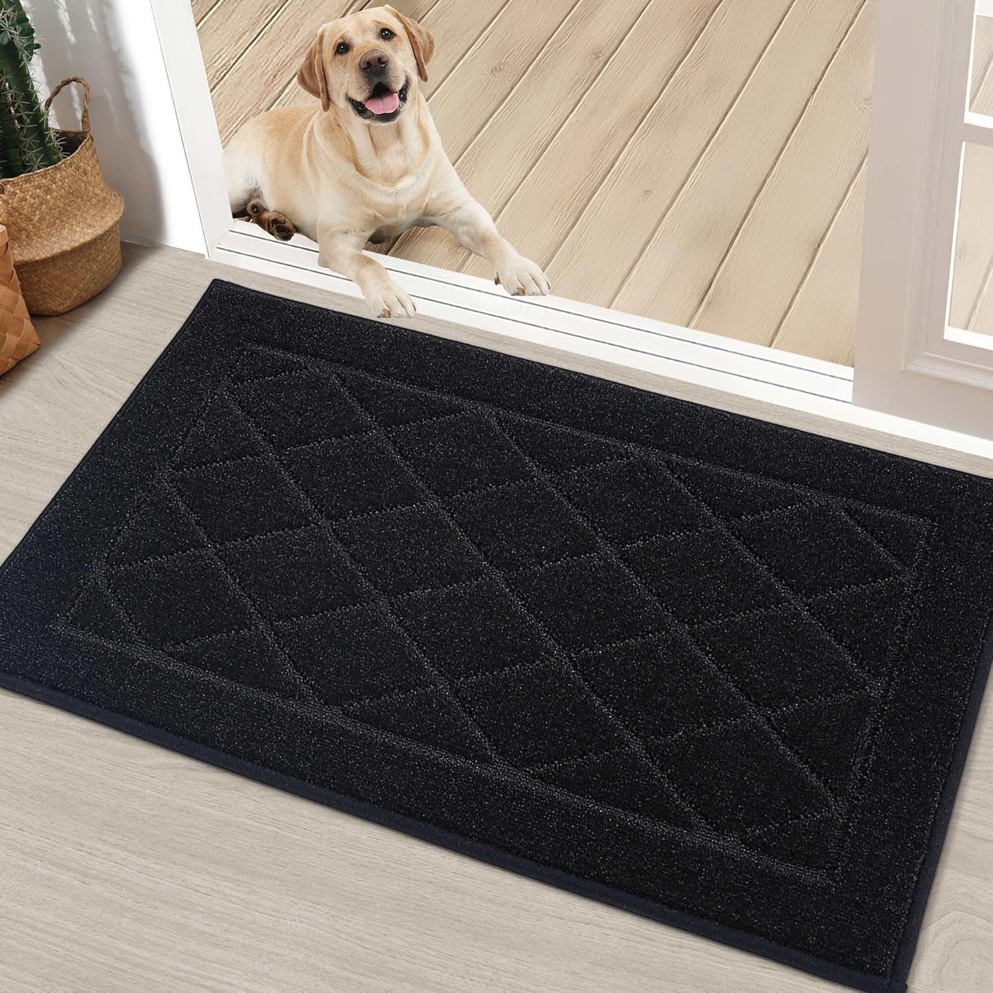 BEQHAUSE Dirt Trapper Door Mat 20" x 32", Doormat Non-Slip Entryway Rugs Washable, Dog Door Mat Stain Resistant and Absorbent Welcome Floor Mat for Front Back Door, Muddy Wet Shoes & Paws, Black