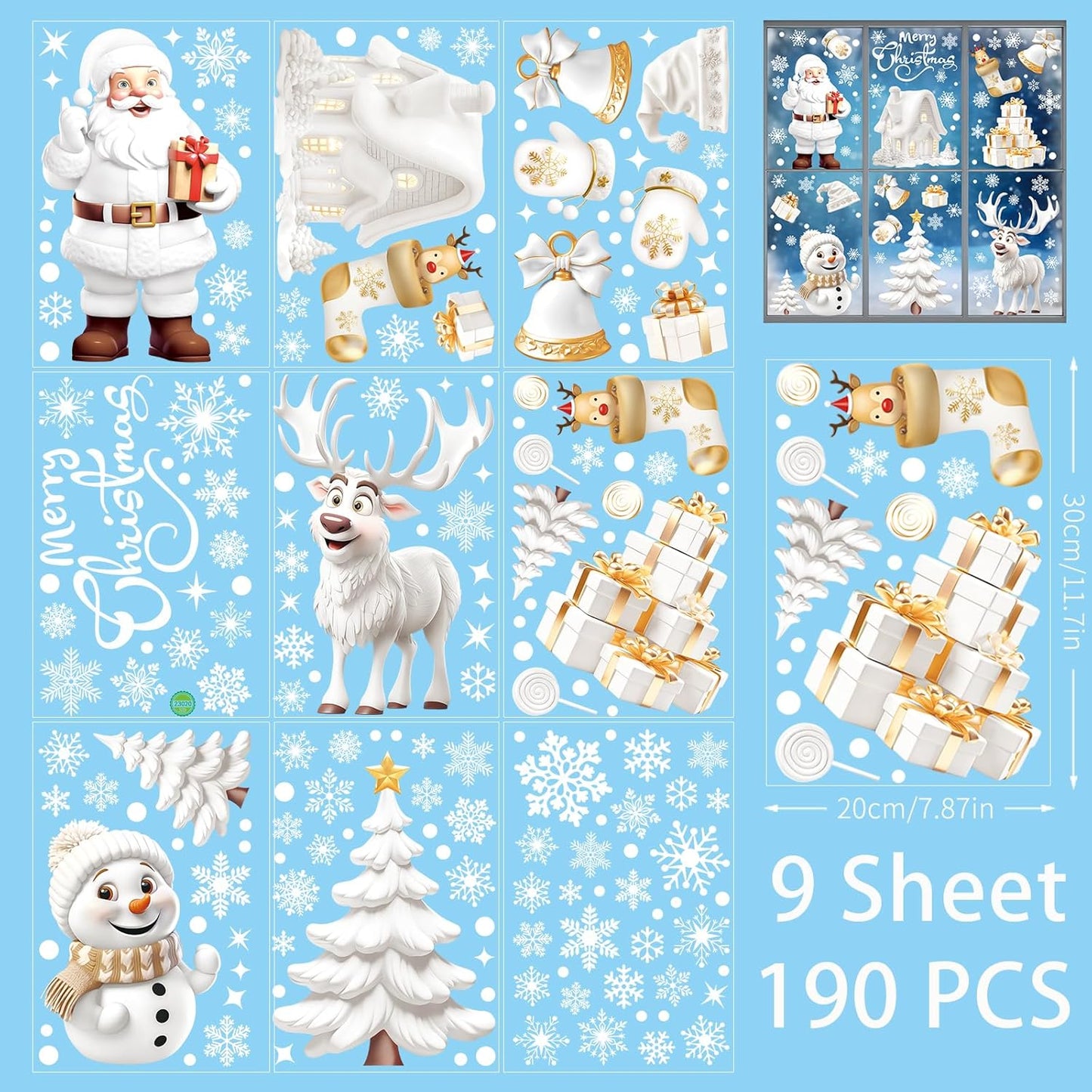 Bloss Christmas Window Clings for Glass Windows,190pcs Snowflake/Snowman Christmas Decorations Indoor Window Stickers,3D Navidad Decoración Window Decals,Adornos de Navidad for Xmas Decor