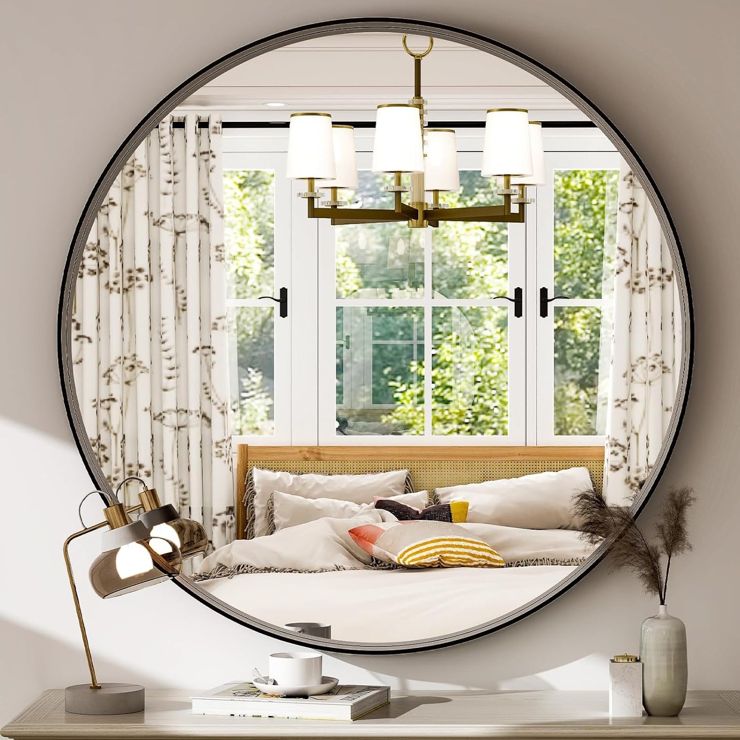 24 Inch Round Bathroom Mirror - Wall Mounted Circle Mirror with Metal Frame, Modern Mirror Suitable for Bathroom, Vanity, Entryway, Living Room, Wall Decor,Black