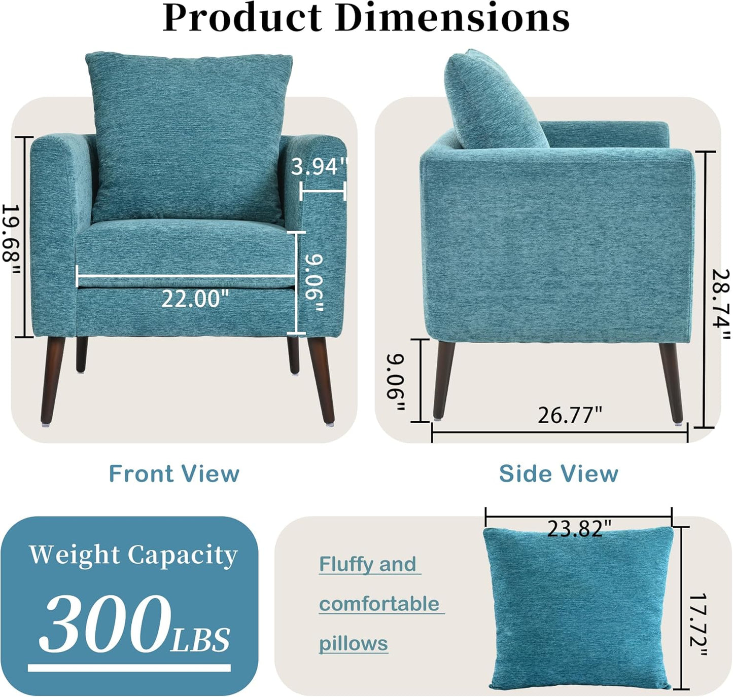 Barrel Accent Chair with Back Pillow, Large Upholstered Armchair with Solid Wood Legs Modern Reading Chairs for Living Room Bedroom