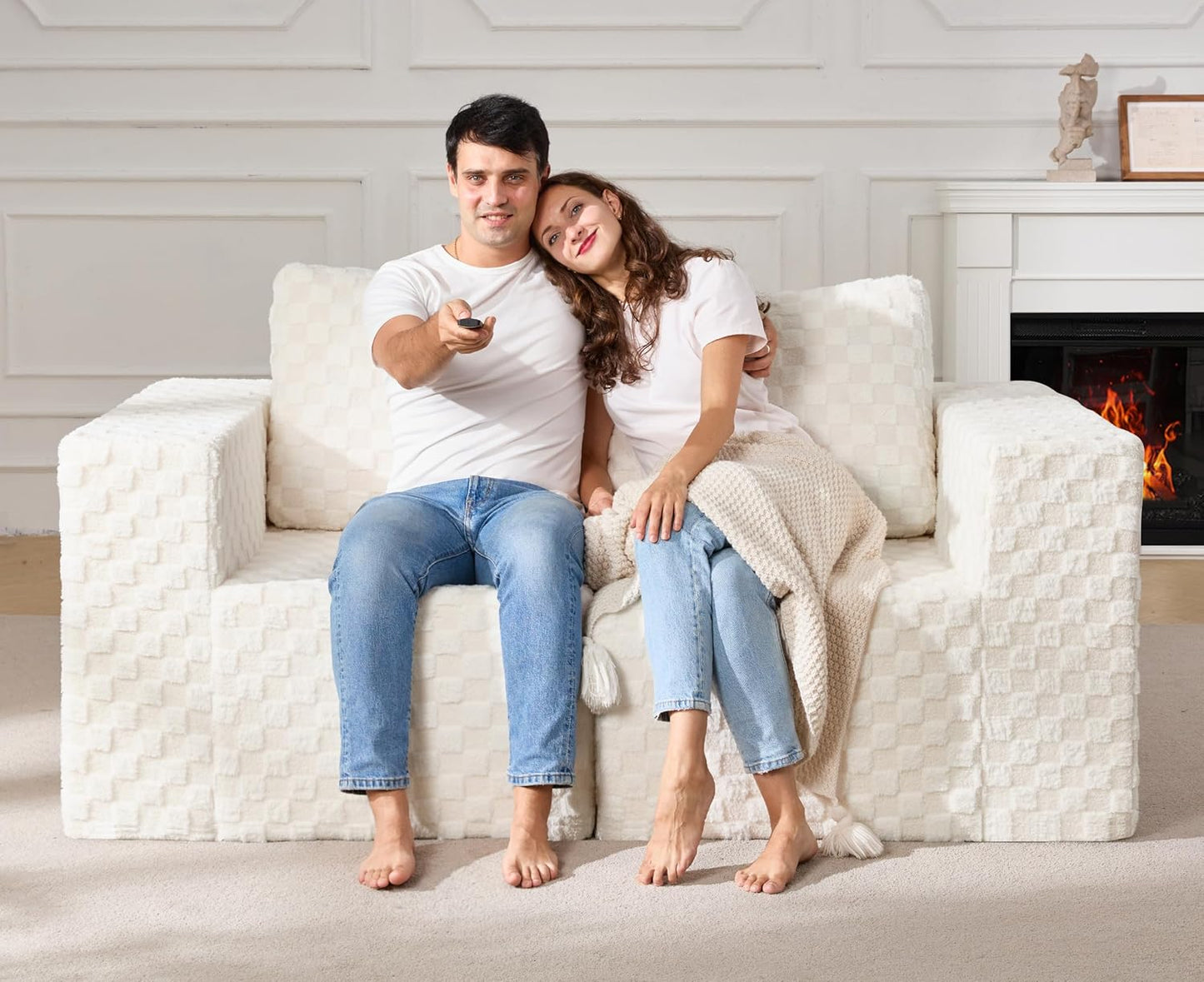 Modular Sectional Sofa 2 Seater Loveseat Modular Couch with Deep Seat Memory Foam Cloud Chair with Pillows Oversized Sectional Sofa for Living Room Bedroom (Plush White, Loveseat)