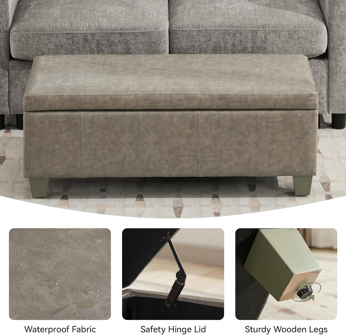 41" Faux Leather Storage Ottoman, Stitch Tufted Rectangle Upholstered End of Bed Storage Bench, Entryway Large Couch Ottoman with Wooden Legs,Grey