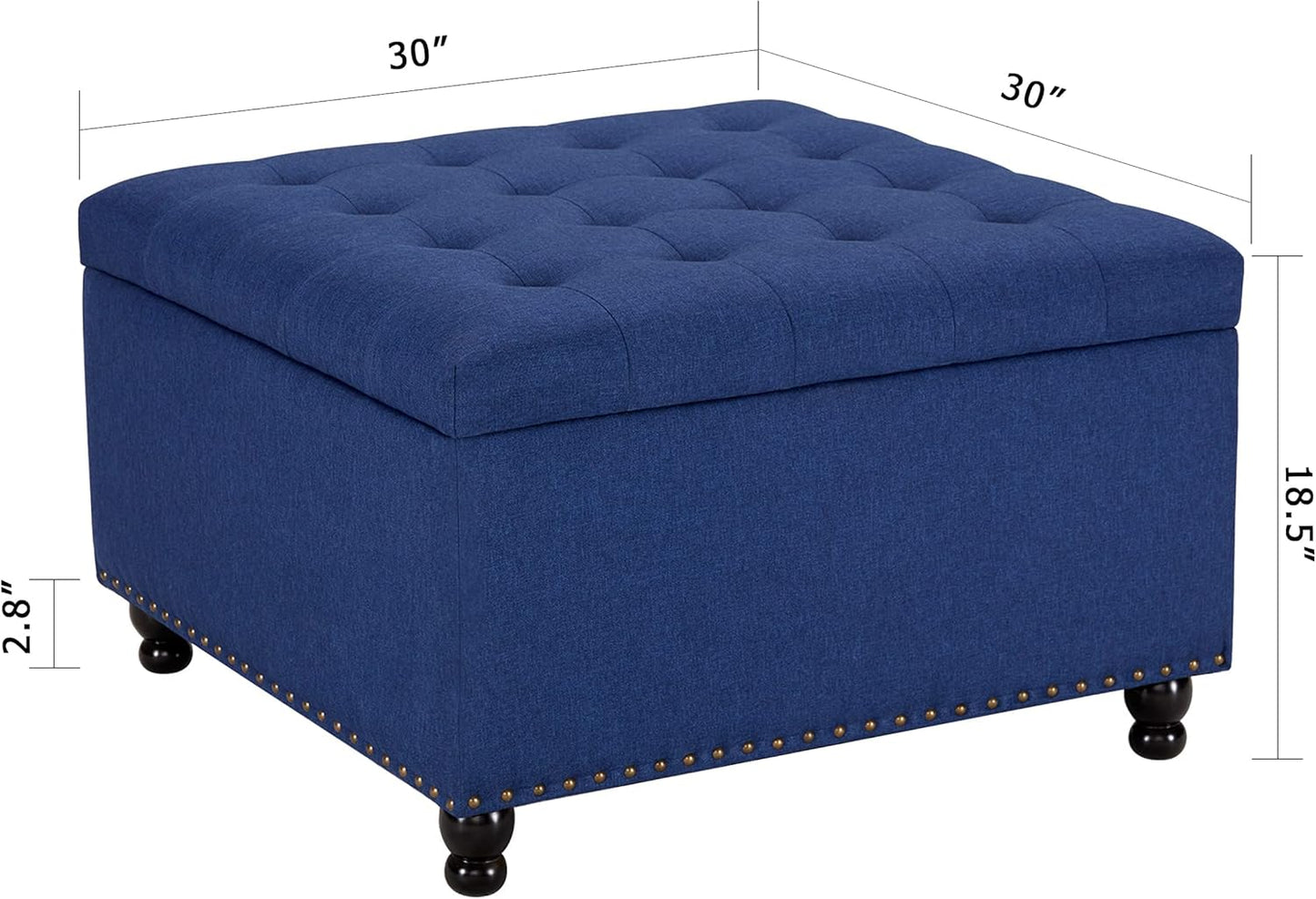 Tbfit Large Square Storage Ottoman Bench, Botton Tufted Upholstered Coffee Table Ottoman with Solid Wood Legs, Oversized Storage Ottomans Toy Box for Living Room (Blue)